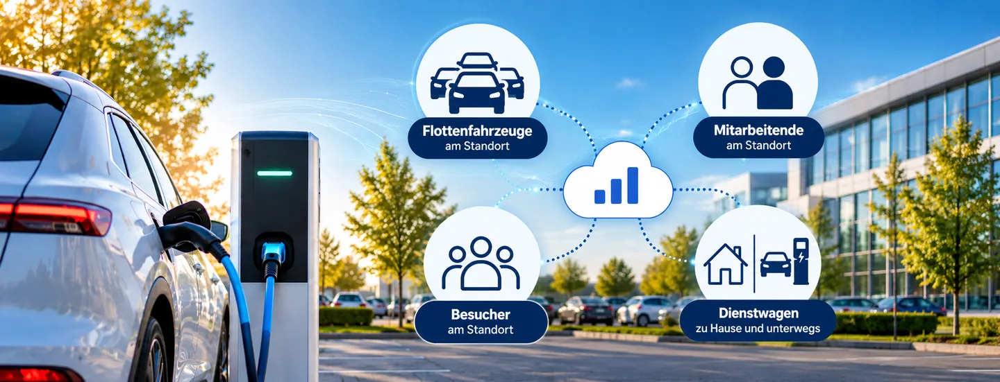 E-Auto an einer Ladesäule vor einem Firmengebäude – Ladeinfrastruktur für Flottenfahrzeuge, Mitarbeitende, Besucher und Dienstwagen