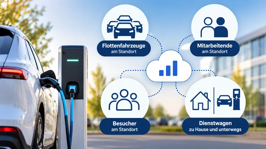 Ladeinfrastruktur für vier Nutzergruppen: Flottenfahrzeuge am Standort, Mitarbeitende am Standort, Besucher am Standort sowie Dienstwagen zu Hause und unterwegs – verbunden über ein zentrales Backend